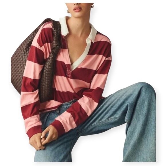 Anthropologie Pilcro Pink Red **Rugby Shirt** Size S - Picture 2 of 10